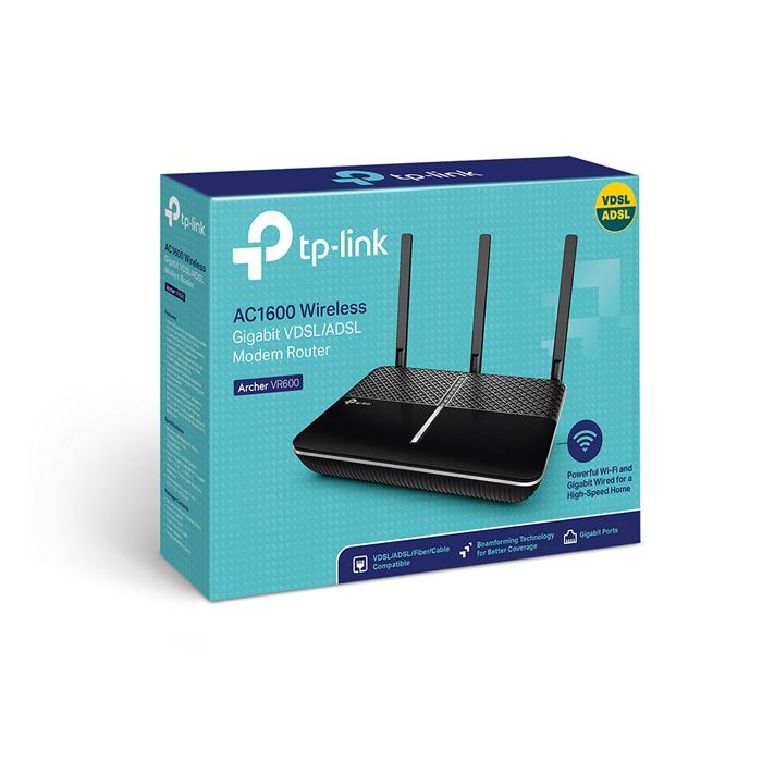 TP-Link Archer VR600 AC1600 Wireless Gigabit VDSL/ADSL Modem Router with three antennas and ports.